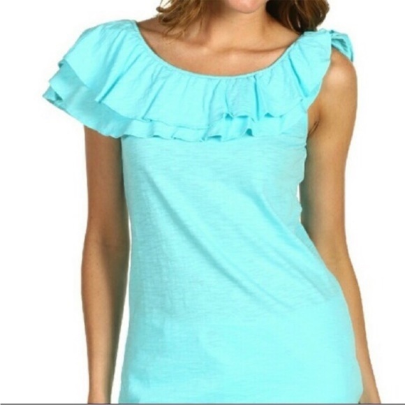 Lilly Pulitzer Wynne 100% Pima Cotton Off Shoulder Ruffle Top Blue Small - Picture 16 of 16